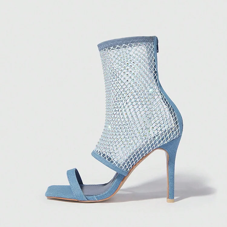 Blue Denin Square Toe Ankle Boots Women's Stiletto Heel Net Sandals |FSJ Shoes