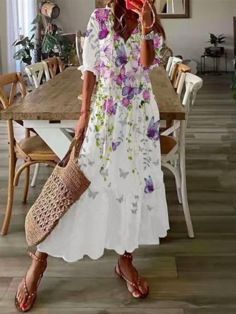 Comstylish Butterflies Hanging Floral Art Ruffle Maxi Dress