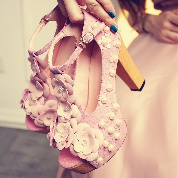 Pink Flowers and Pearls T Strap Chunky Heel Wedding Sandals |FSJ Shoes