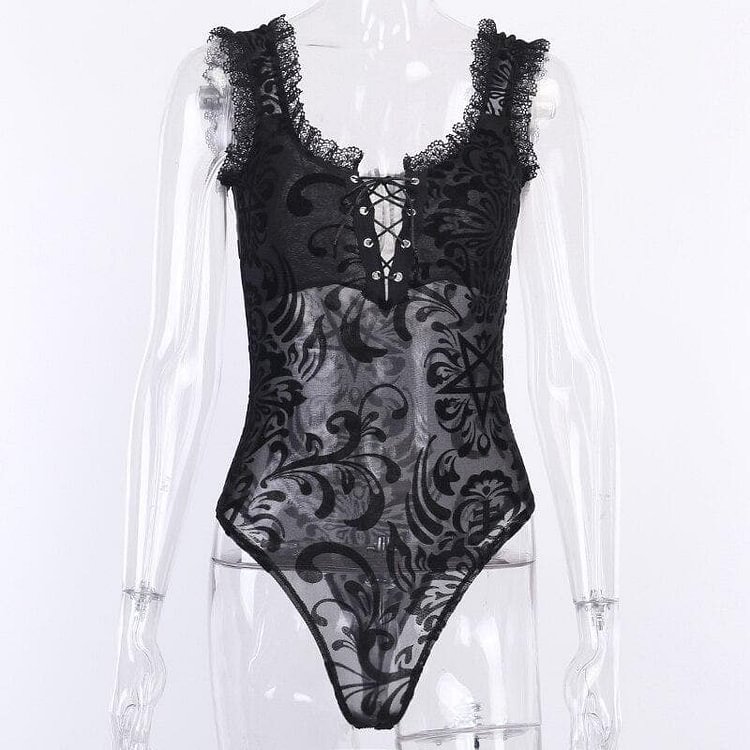 Black Lace Bodycon Bodysuit SP14685