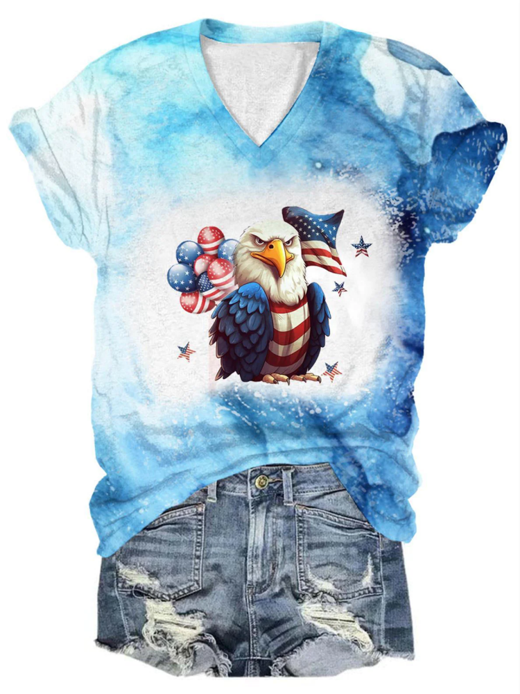 American Flag Balloon Eagles Women's V-Neck Short T-Shirt