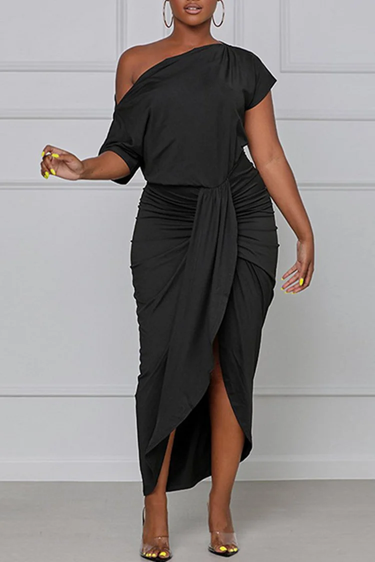 Black Fashion Casual Solid Split Joint O Neck Irregular Dress