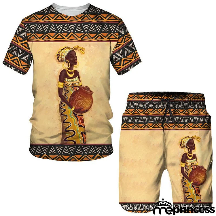Men Fashion Plus Size Round Neck Short Sleeve Printed T-Shirt And Shorts Two-Piece Set