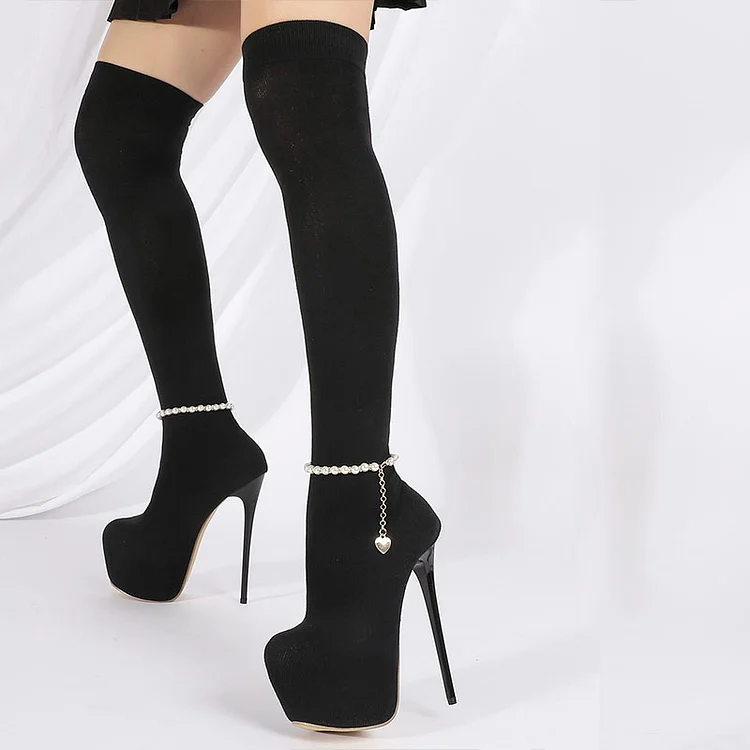 Black Elastic Platform Shoes Women's Stiletto Heel Pearls Chain Boots |FSJ Shoes