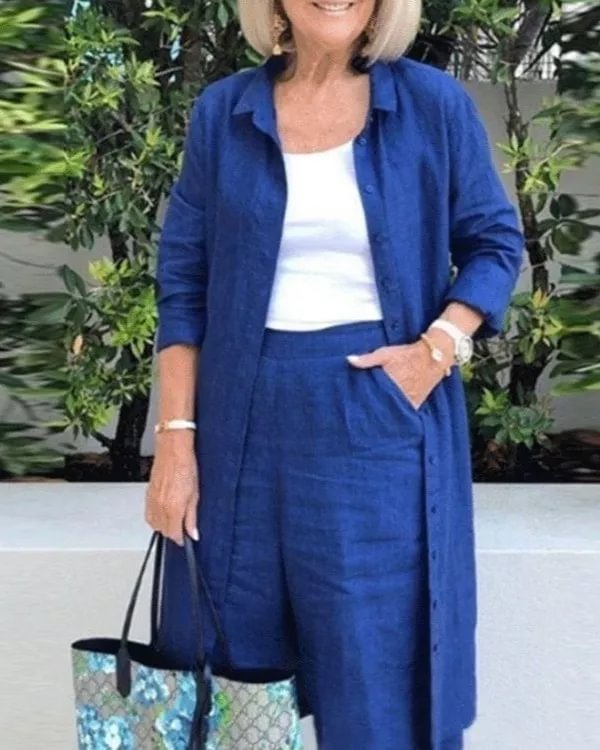 Straight Pants Mid Length Top Casual Plain Two-piece Suits - Chicaggo