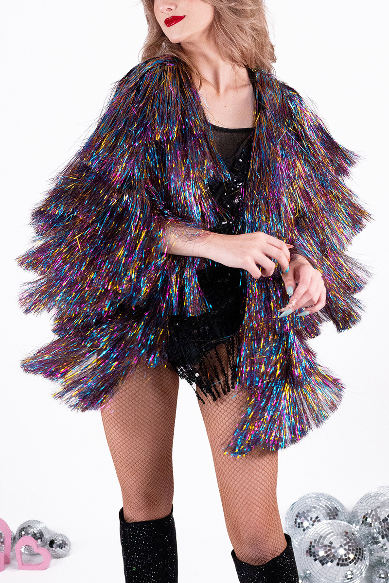 Tinsel Fringe Reflective Rainbow Festival Disco Swing Jacket