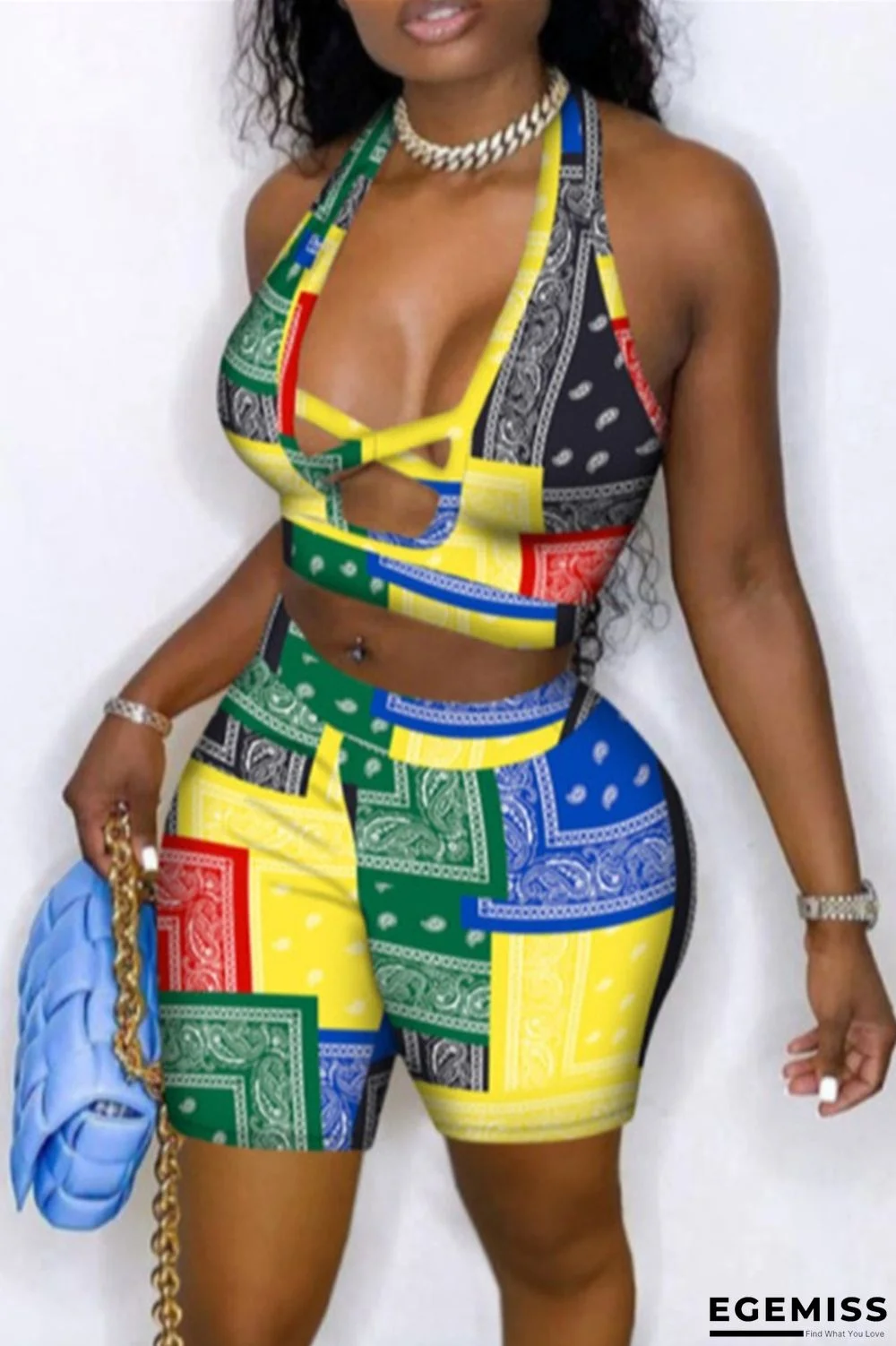 Yellow Sexy Casual Print Hollowed Out Patchwork Backless Halter Plus Size Two Pieces | EGEMISS