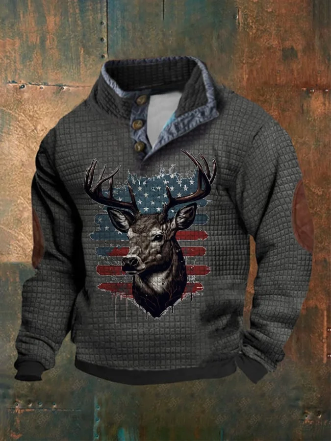 Men's Casual Retro Thickened Square Elk Print Button Sweatshirt