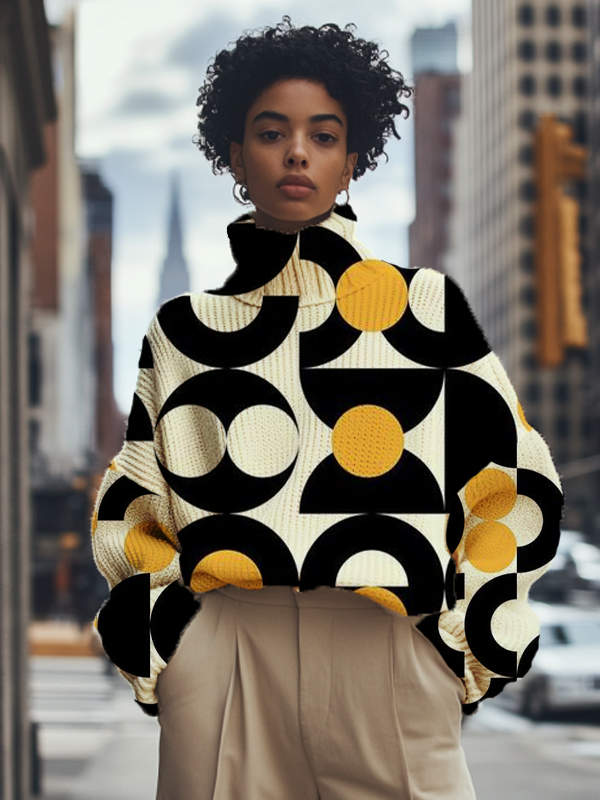 Women's Geometric Abstract Art Print High Neck Knit Sweatshirt
