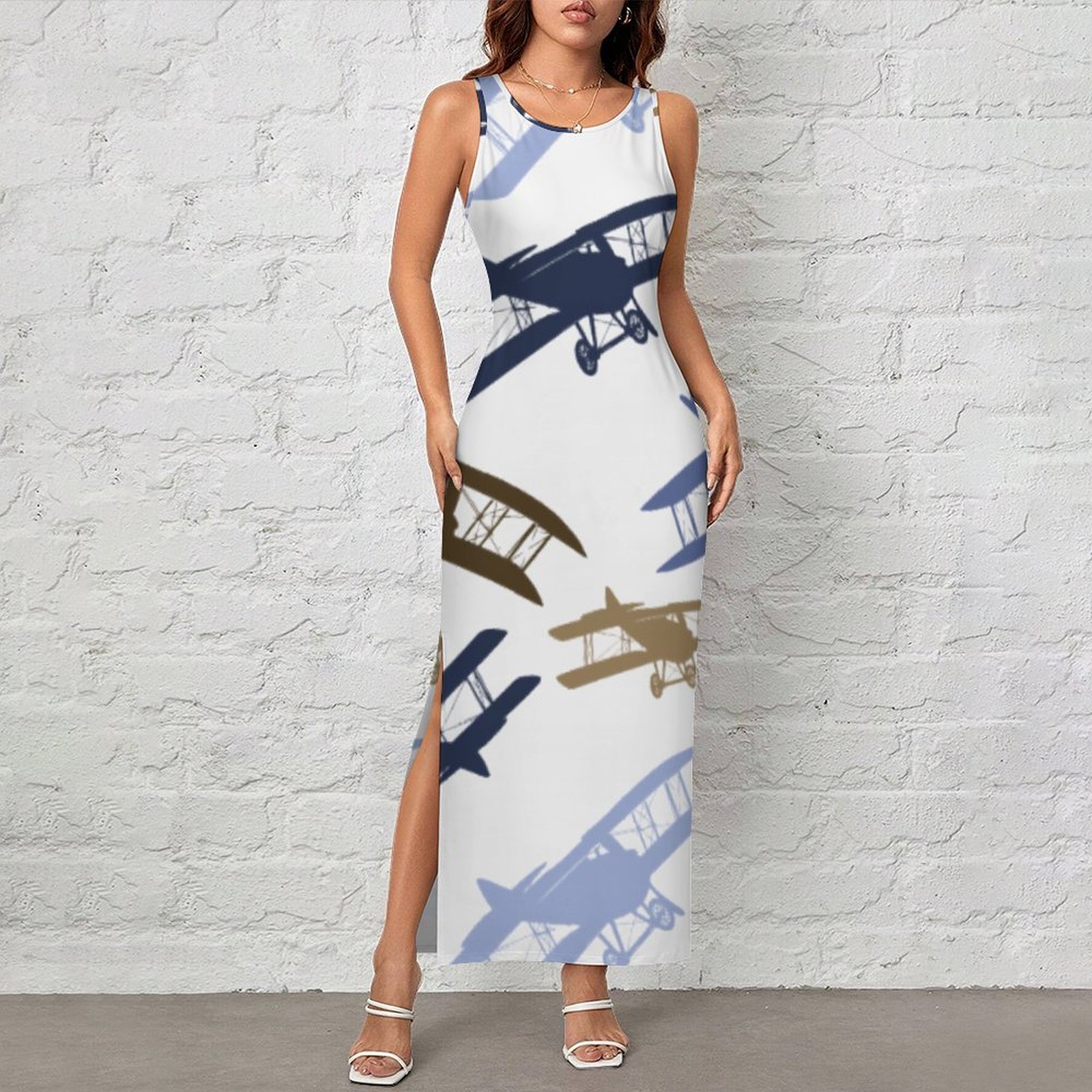 Black Blue Tan Biplane Airplane Women Side Slit Tank Dresses Sleeveless Maxi Dress Vintage-S