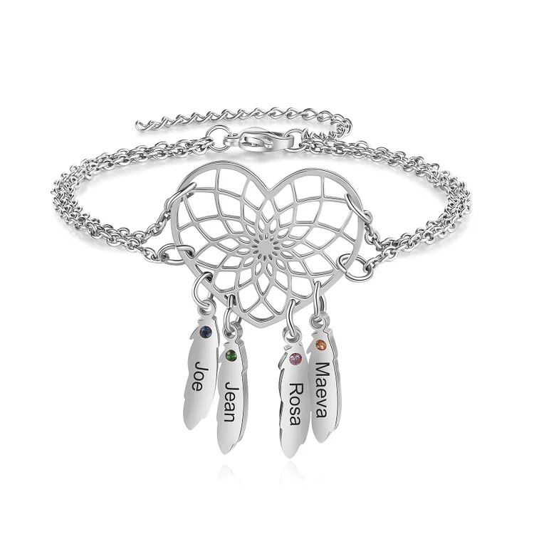 Heart Dream Catcher Bracelet Custom 4 Names Birthstones Bracelet for Women