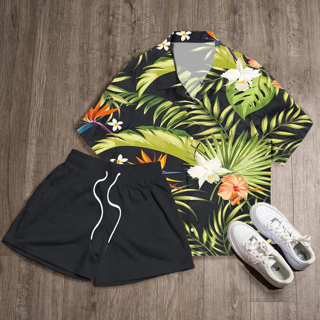 Tropical Print Shirt Shorts Two-Piece Set