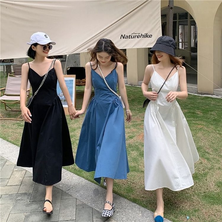 V-Neck Plain Spaghetti-Strap Dress YP4525