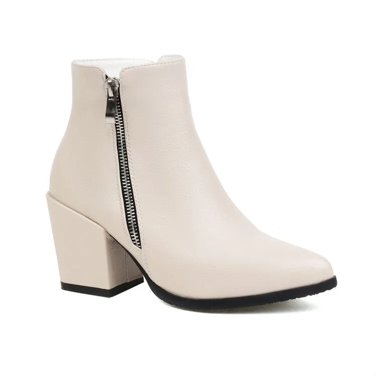 VCSHOES Pu Leather Pointed Toe Side Zippers Block Heel Short Boots