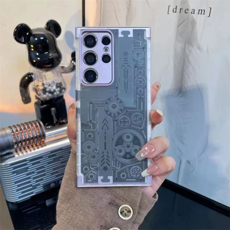 Stress-relieving Borderless Rotatable Cyberpunk Mechanical Gear Matte Phone Case With Metal Lens Frame For Samsung Galaxy S23/S23+/S23 Ultra