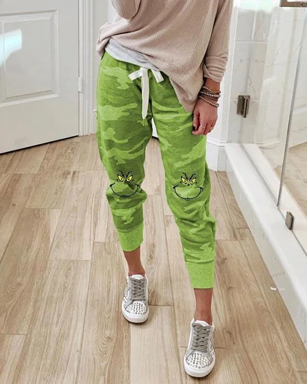 grinch stole christmas geek camouflage print paneled self tie pants p495787