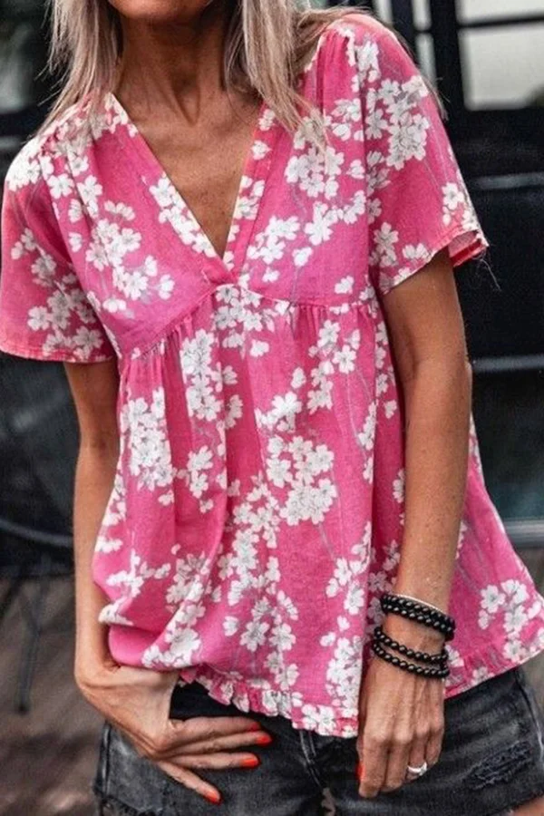Floral Print Linen Short Sleeve T-Shirt