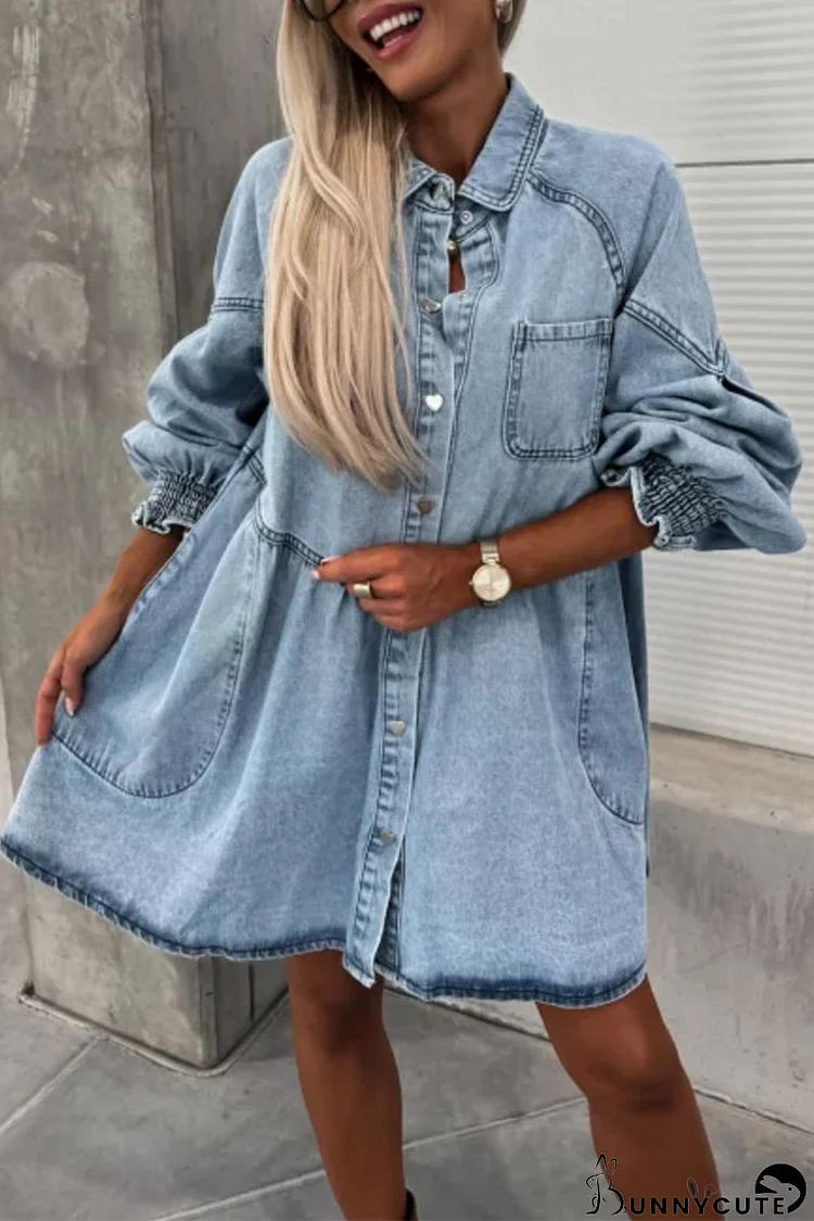 Casual Street Pocket Buttons Turndown Collar Long Sleeve Loose Denim Dresses