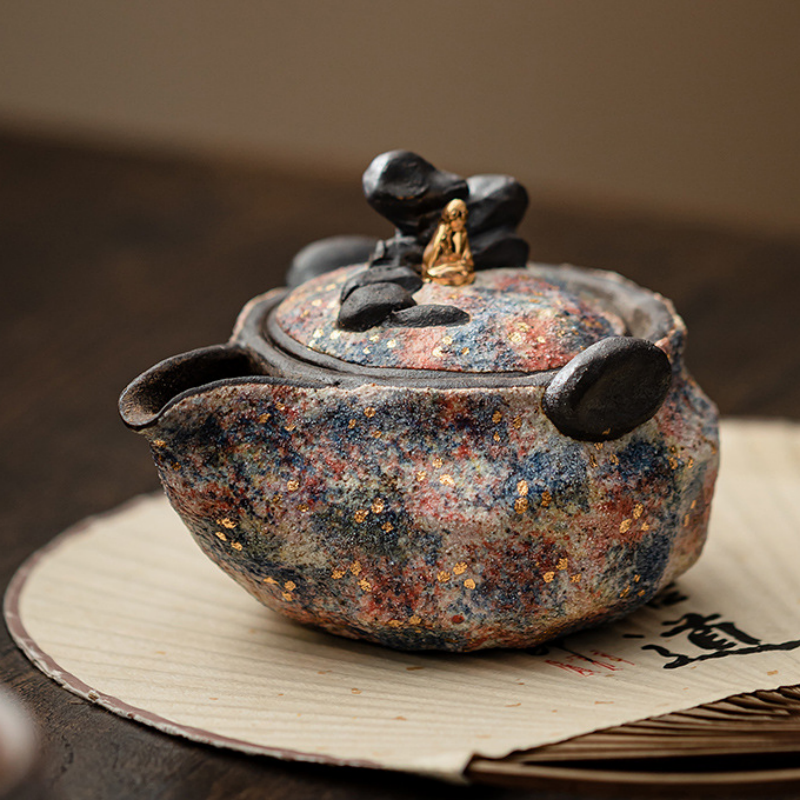 Handcrafted Galaxy Glaze Teapot with Golden Buddha Detail | Artisan Ceramic Tea Pot, 4.7 fl oz