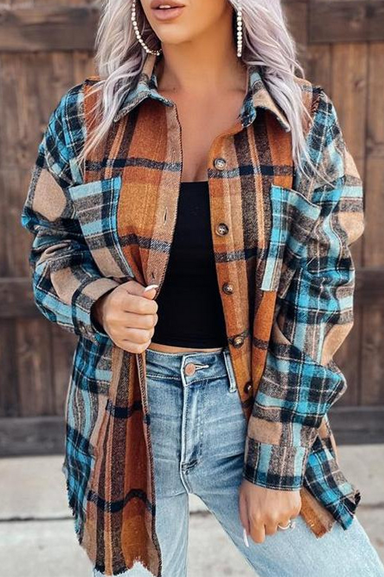 Casual Plaid Patchwork Turndown Collar Tops - Life is Beautiful for You - SheChoic