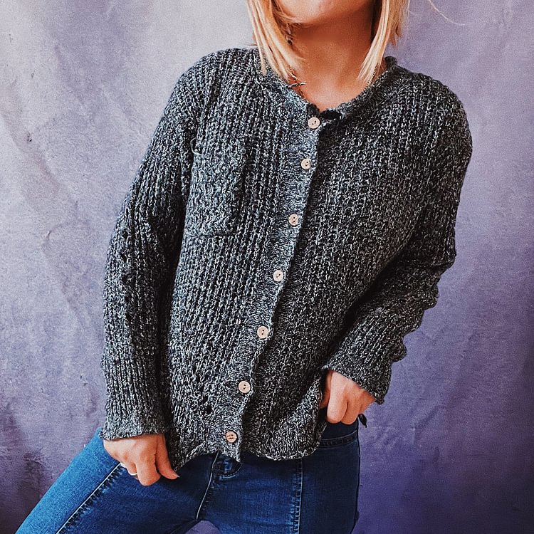 Vefave Vintage Solid Rolled Round Neck Long Sleeve Cardigan