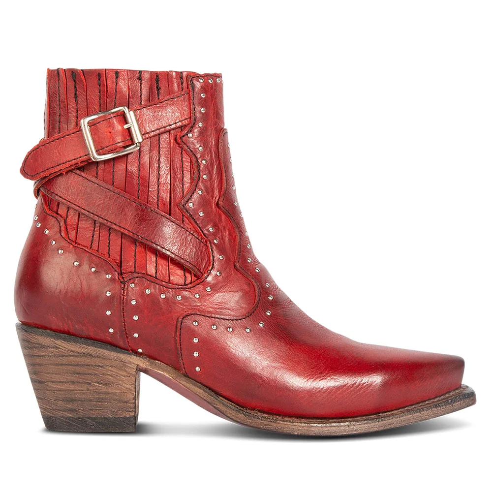 Red Snip Toe Booties Block Heel Studded Western Boots for Women Nicepairs
