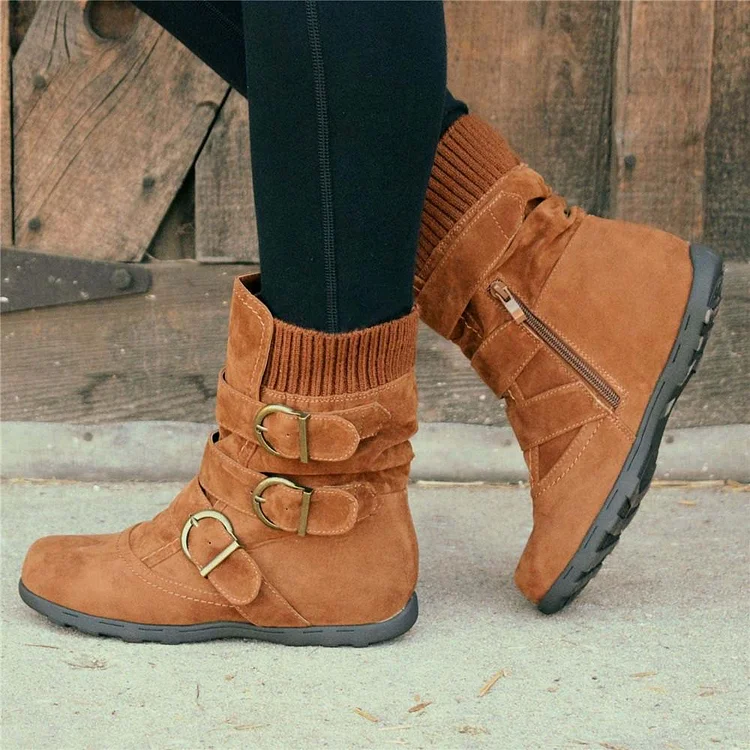 Cushioned Low-Calf Buckled Boots Low Heel Knitted Fabric Zipper Slip On Boots Radinnoo.com