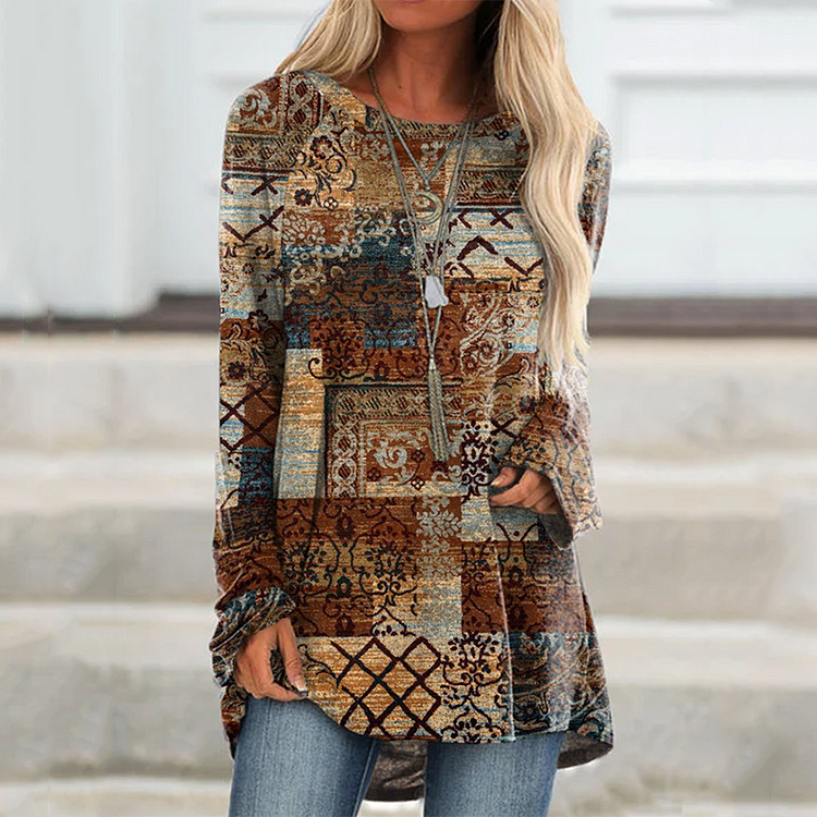 VChics Vintage Print Round Neck Long Sleeve Tunic