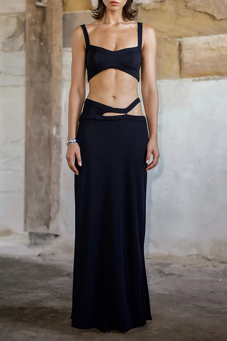 V Neck Crop Top Irregular Cutout Maxi Skirt Matching Set-Black [Pre Order]