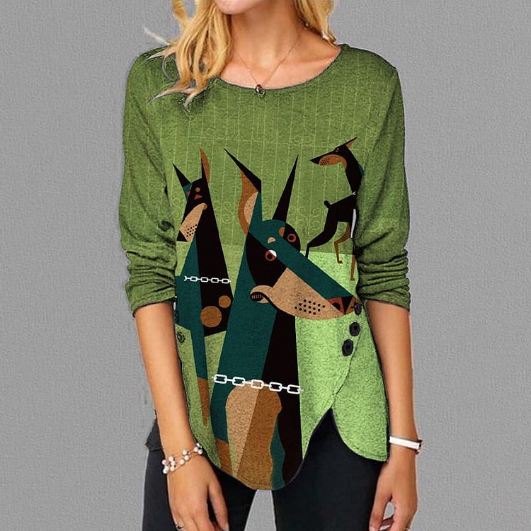 VChics Dog Print Long Sleeve Casual T-Shirt