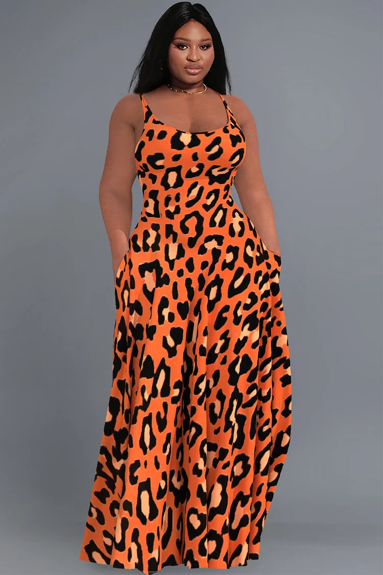 Xpluswear Design Plus Size Casual Sundress Orange Leopard With Pockets Cami Maxi Dresses