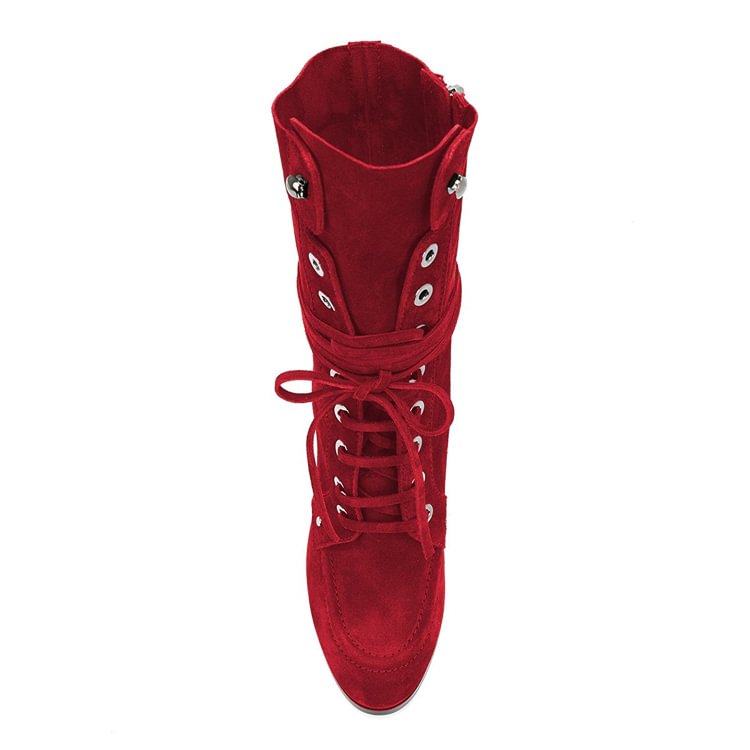 Red Suede Lace up Boots Round Toe Chunky Heel Mid Calf Boots |FSJ Shoes