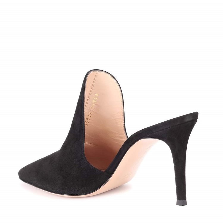 Black Suede Loafers for Women Pointy Toe Stiletto Heels Mules |FSJ Shoes