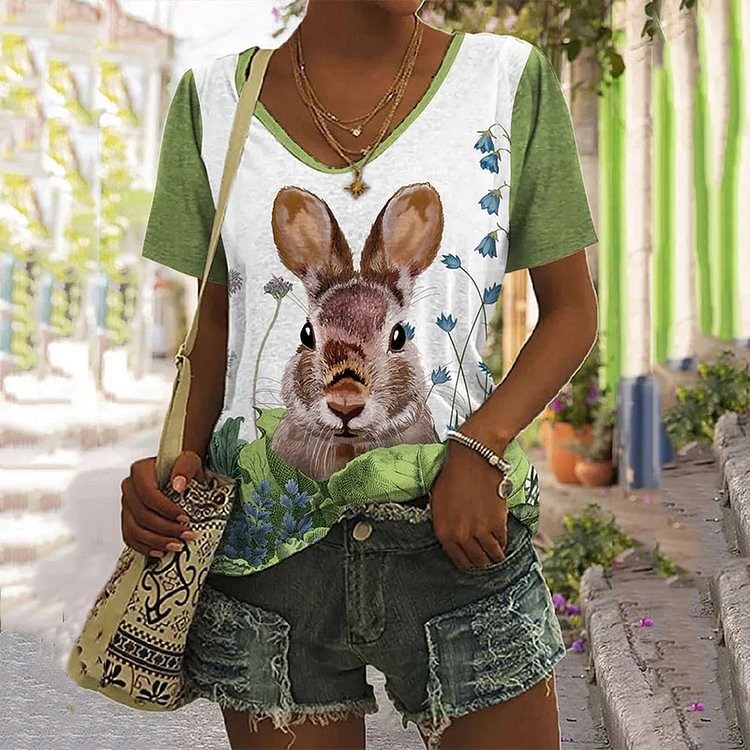 Comstylish Rabbit Floral Print Casual Short Sleeve T-Shirt