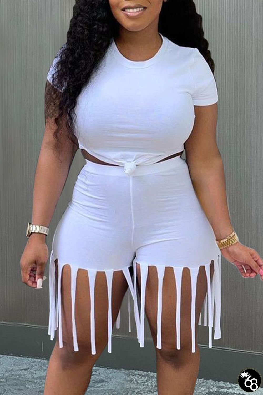 White Casual Solid Tassel Patchwork O Neck Plus Size Two Pieces | 168DEAL