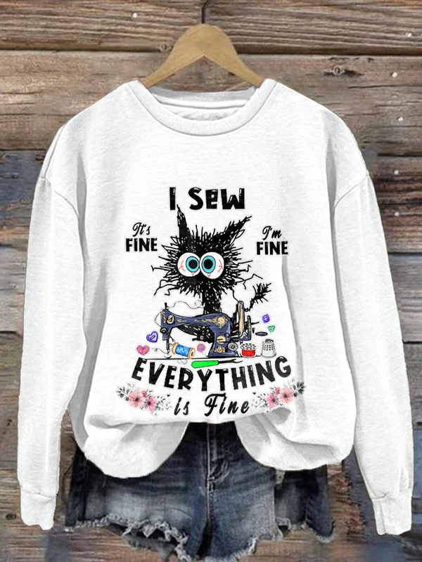 Women's I Sew Everything Is Fine Black Cat Graphic Print Sweatshirt