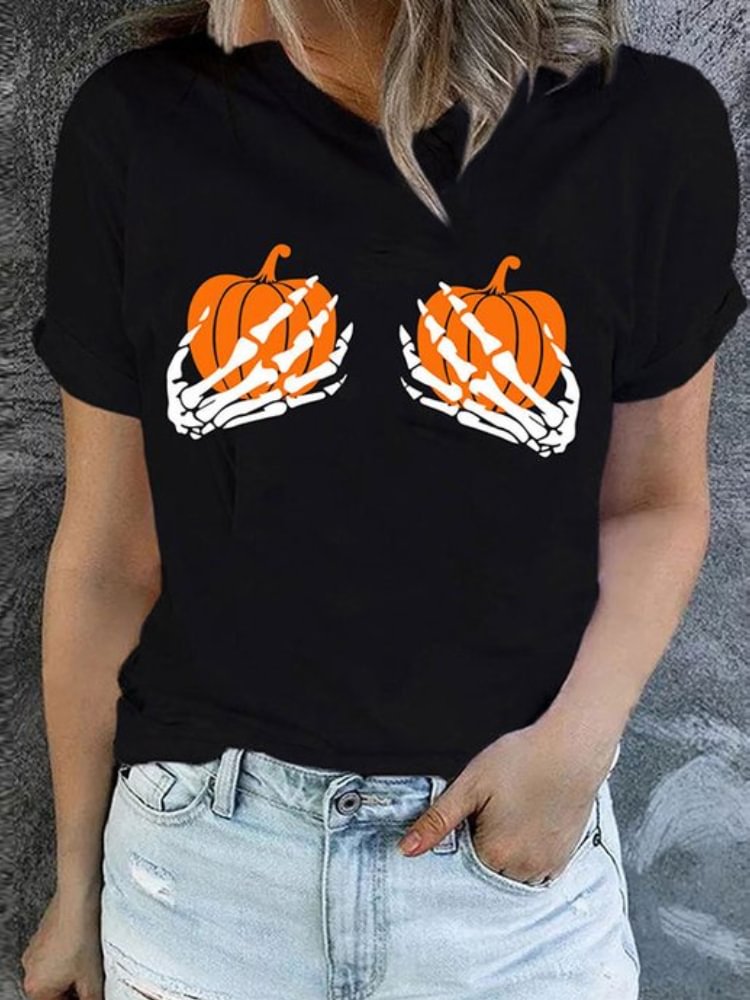 Halloween Skull Hand Pumpkin Print Casual Short Sleeve T-Shirt