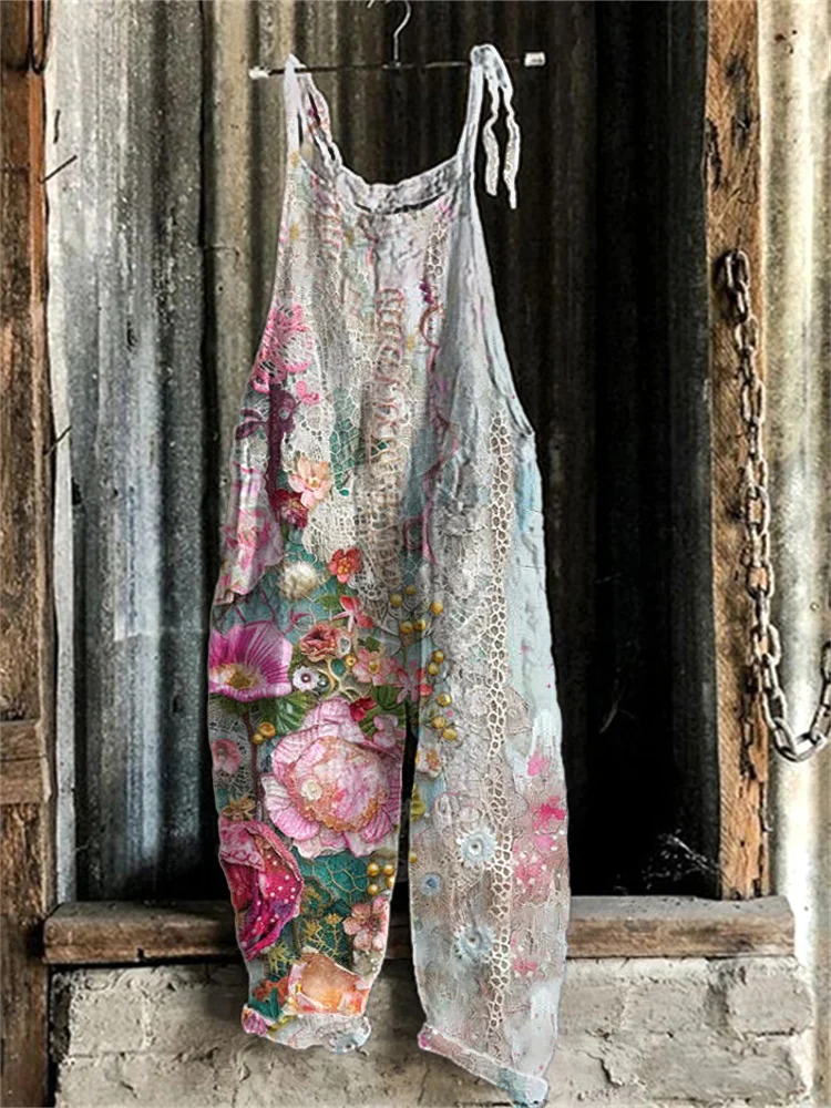 Comstylish Vintage Floral Print Linen Blend Casual Jumpsuit