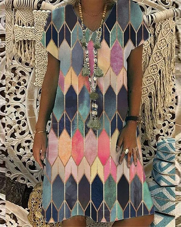 color block v neck a line short sleeve midi dress p594347