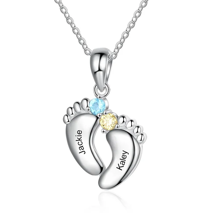 Baby Feet Pendant Necklace with 2 Birthstones Engraved 2 Names