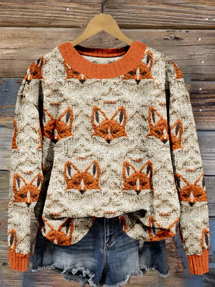 Cute Fox Knitted Crew Neck Cozy Sweater