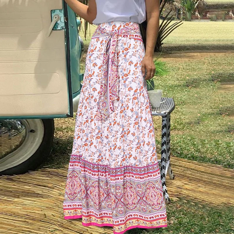 Printed Casual Large Swing Bow Loose Pleated Bohemian Skirt