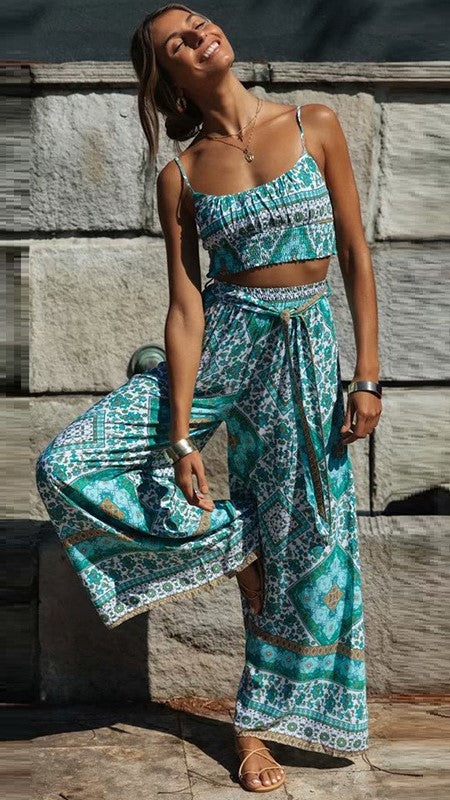 Callison Crop Top and Pants Set - Green Print