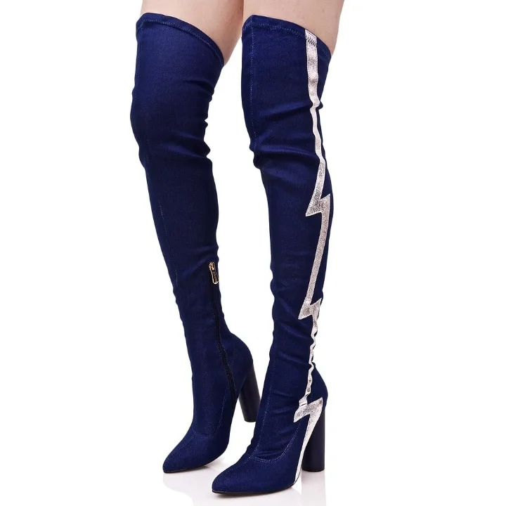 Dark Blue Denim Over-The-Knee Boots with Lightning Detail Vdcoo
