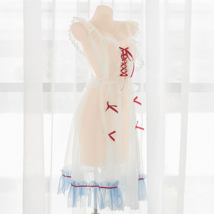 Cute See Through Dress Blue Details Red Ribbons Lingerie SP16316