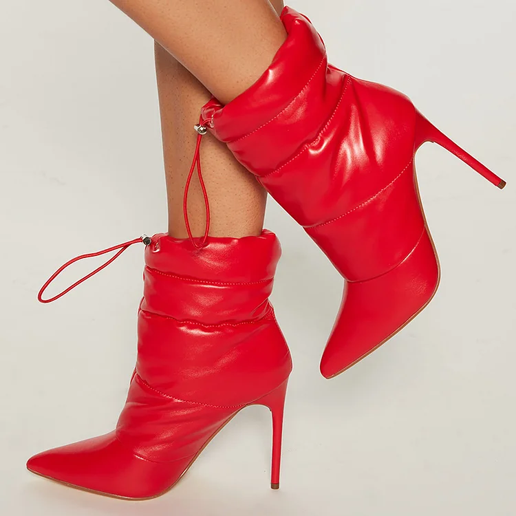 Red Puffer Drawstring Pointed Toe Stiletto Heel Booties for Women |FSJ Shoes