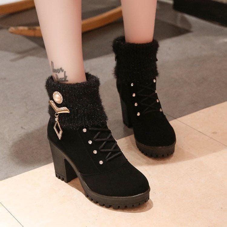 Black/Brown Sweet Fleece Heels Boots S12896