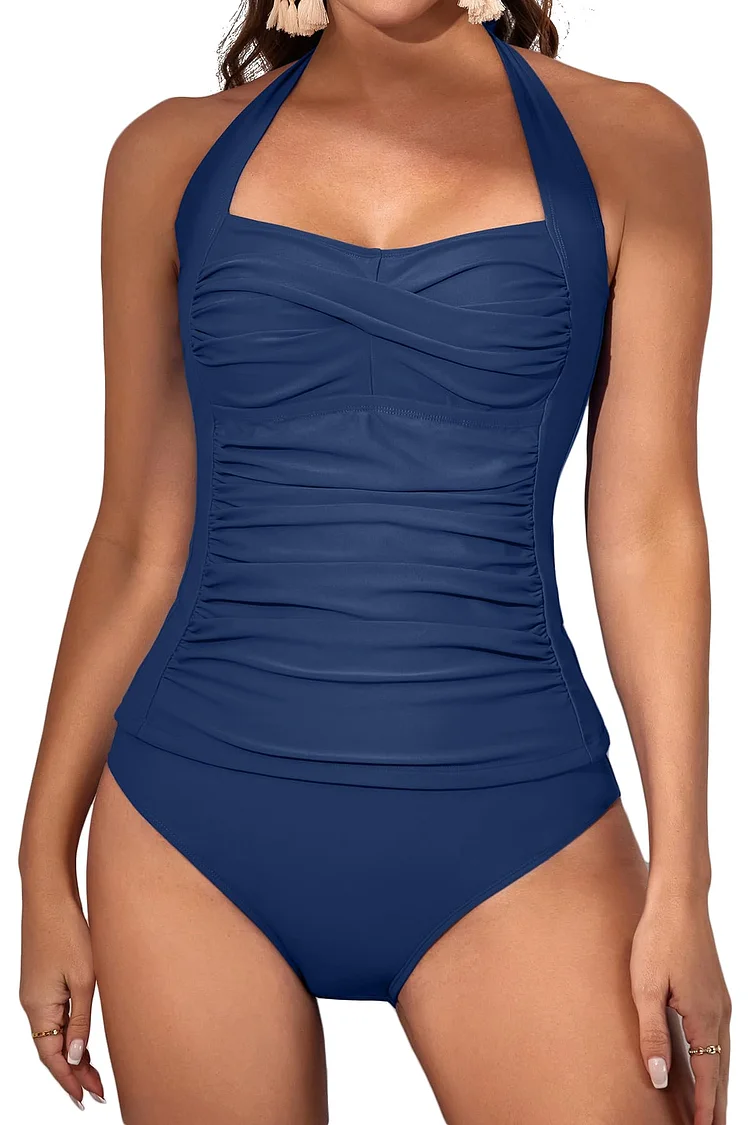Womens Halter Ruched Tummy Control Two Piece Tankini 