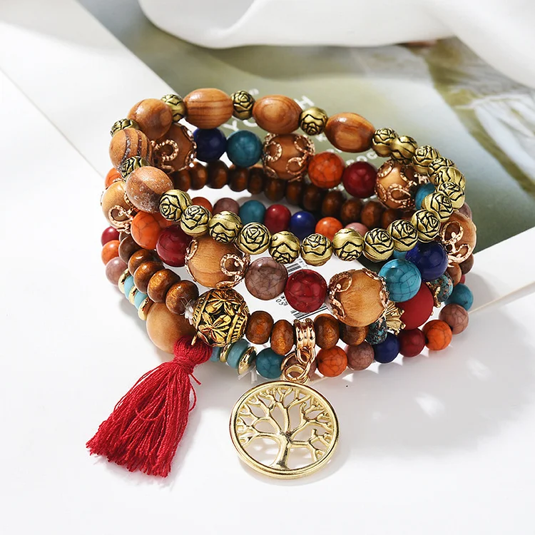 Multicolor Tassel Multilayer Bracelet Boho Hand Jewelry Handmade Turquoise Stone Tree Of Life Bracelet
