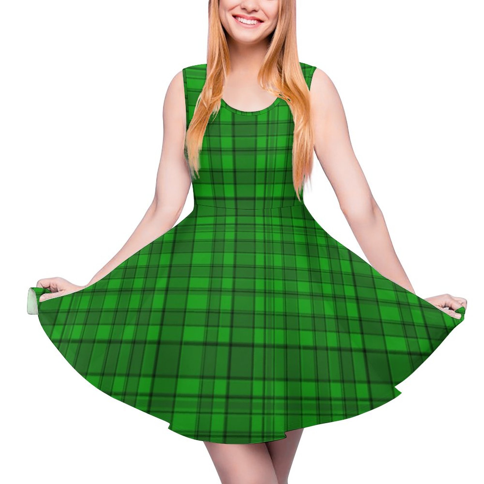 Kelly Green Black Irish Tartan Plaid Casual Beach Petite Skater Sun Dress